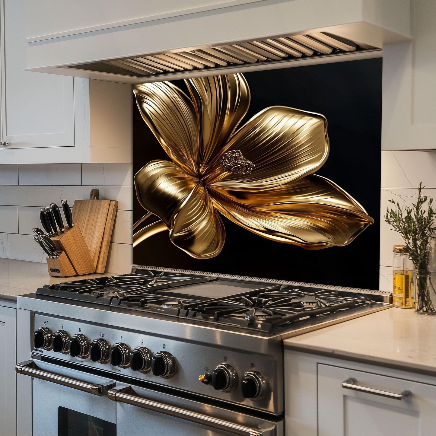 Golden Flower Tempered Glass Kitchen Backsplash: Decorative Wall Art