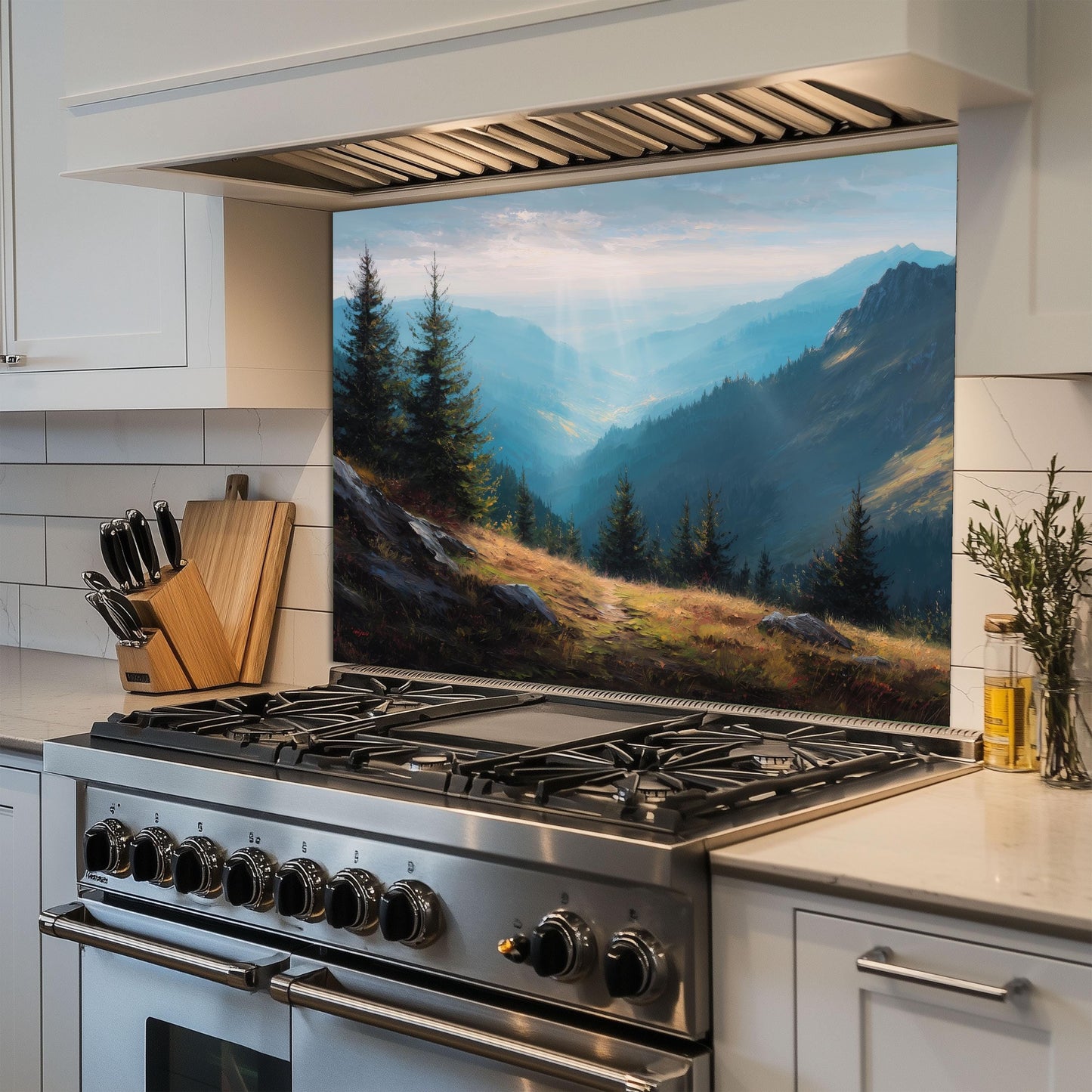 Misty Mountain Tempered Glass Backsplash: Heat-Resistant Stove Panel