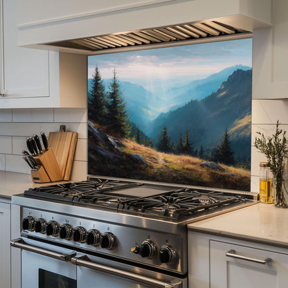 Misty Mountain Tempered Glass Backsplash: Heat-Resistant Stove Panel