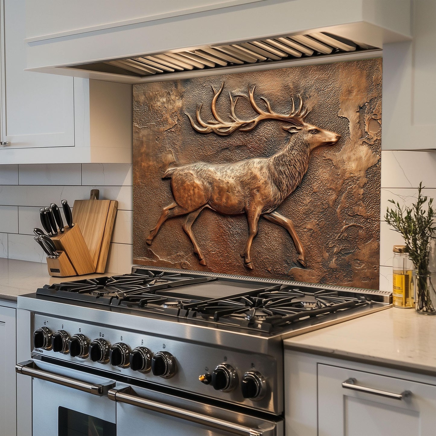 Rustic Deer Backsplash: Embossed Copper Stag Tempered Glass Stove Panel