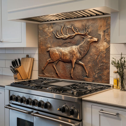 Rustic Deer Backsplash: Embossed Copper Stag Tempered Glass Stove Panel