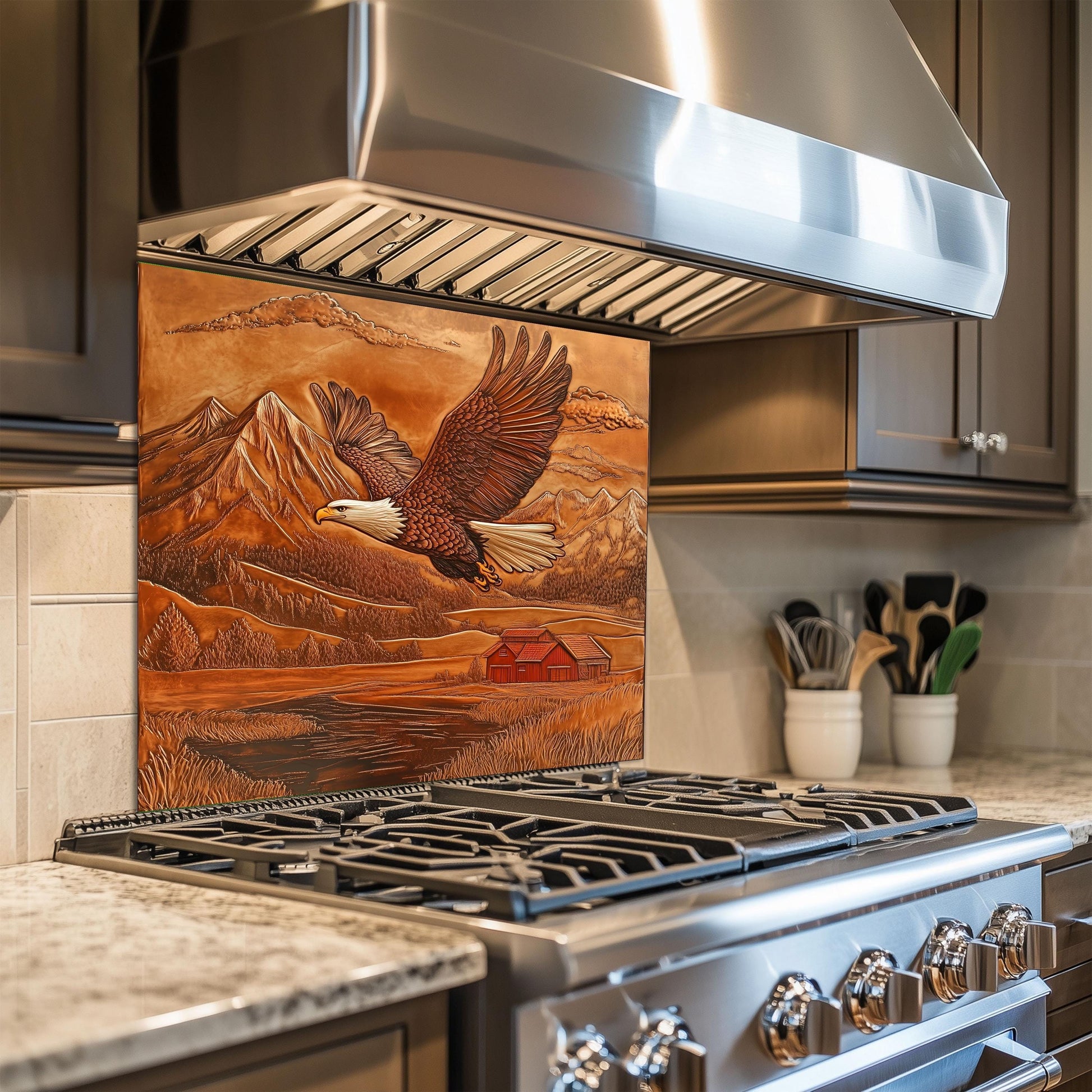 Tempered glass backsplash, majestic eagle design, copper-effect kitchen decor, heat-resistant wall protector, farmhouse kitchen art, rustic wall protector