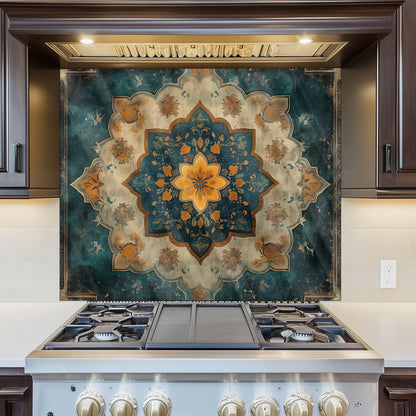 Moroccan Style Glass Backsplash, Blue Geometric Stove Guard, Heat Resistant Easy Clean Kitchen Art