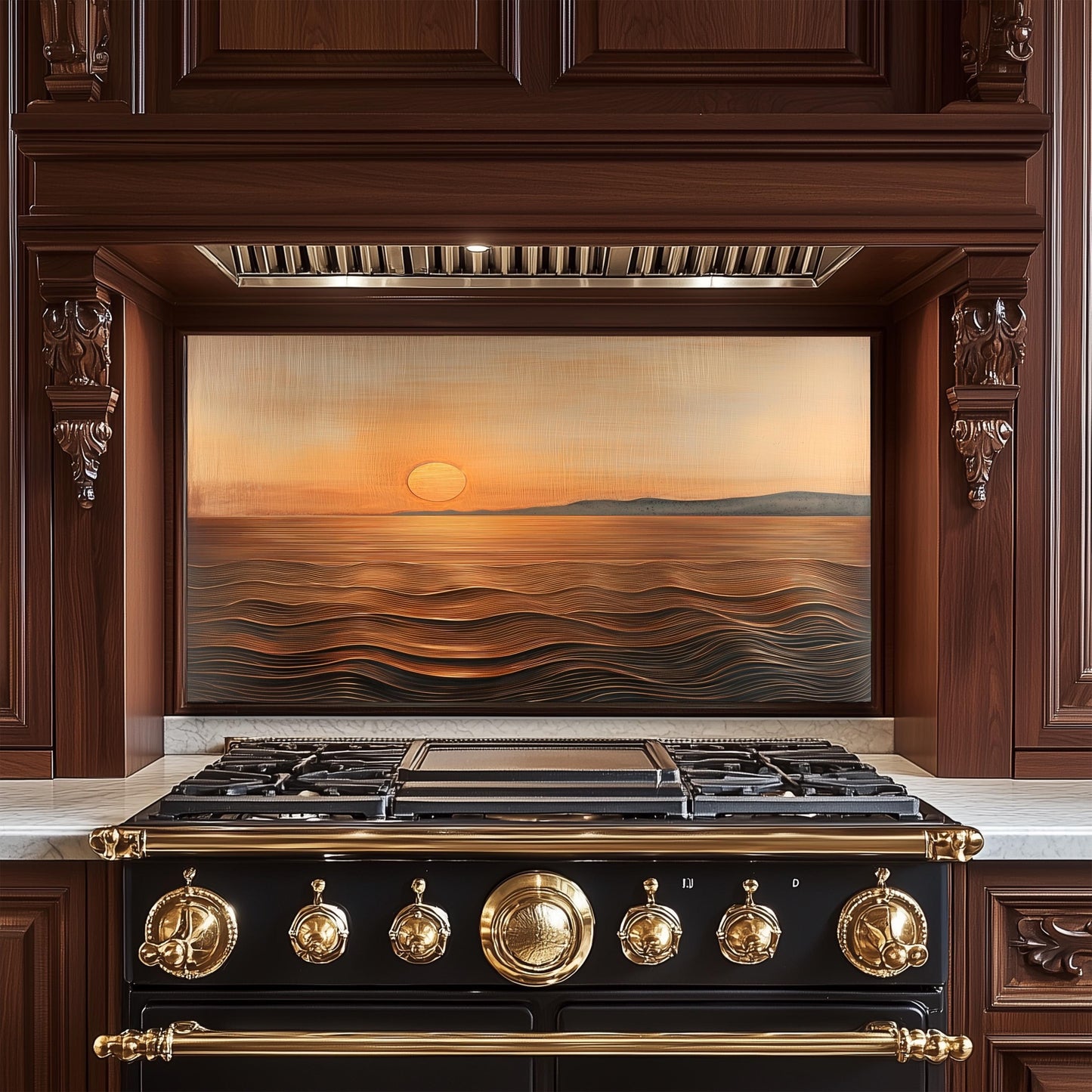 Sunset Ocean Glass Backsplash, Golden Coastal Stove Guard, Heat Resistant Easy Clean Kitchen Art