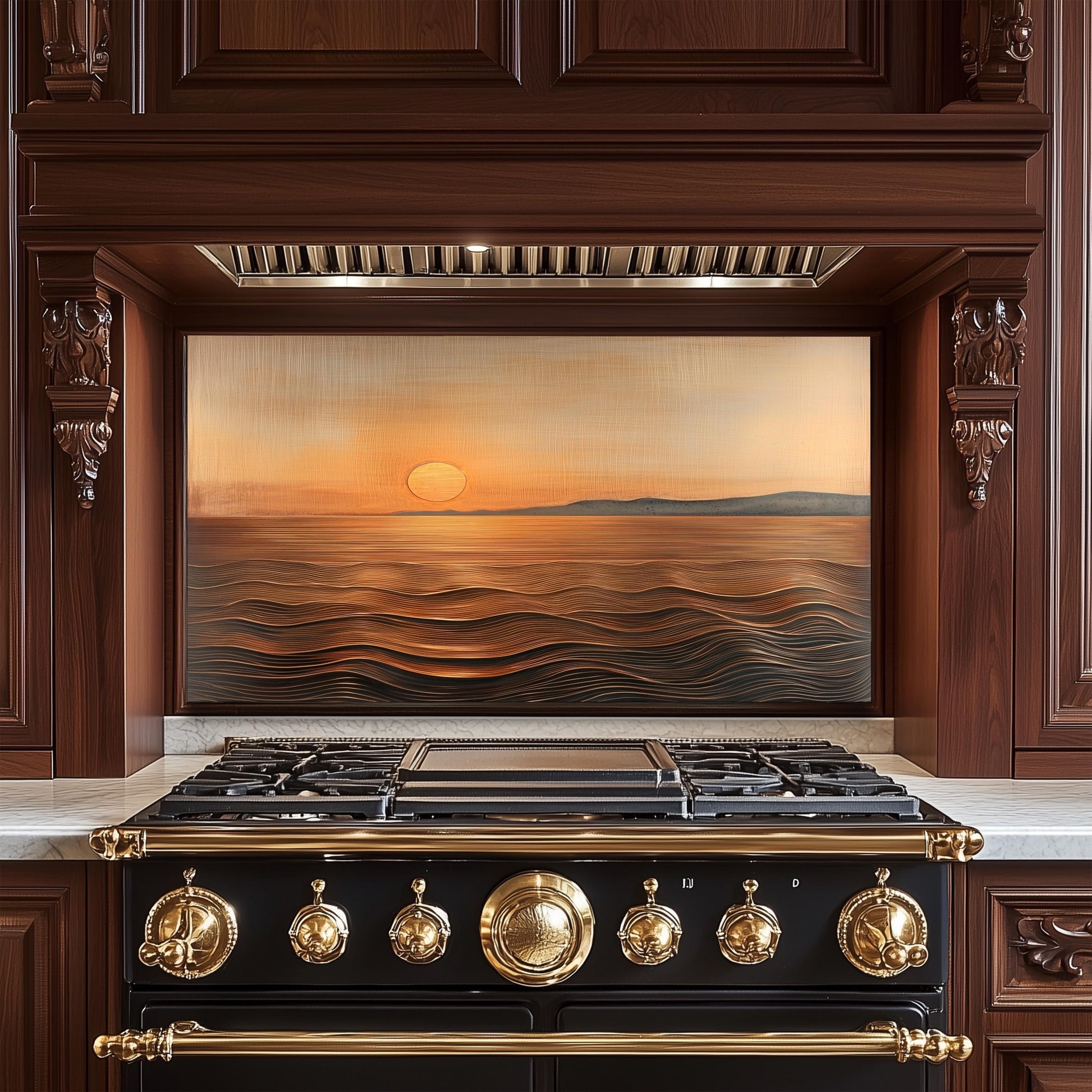 Sunset Ocean Glass Backsplash, Golden Coastal Stove Guard, Heat Resistant Easy Clean Kitchen Art
