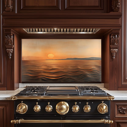 Sunset Ocean Glass Backsplash, Golden Coastal Stove Guard, Heat Resistant Easy Clean Kitchen Art