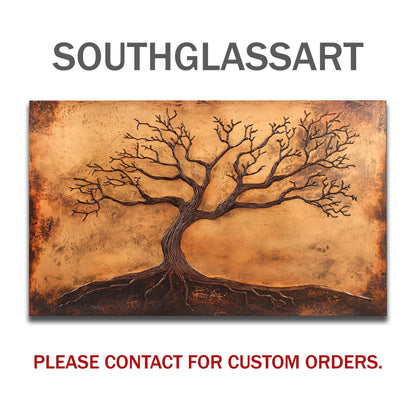 Copper Tree of Life Glass Backsplash, Rustic Metal Stove Guard, Heat Resistant Kitchen Art