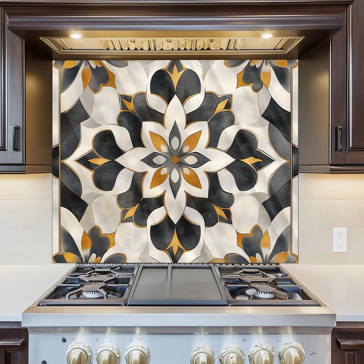 Navy & Orange Moroccan Backsplash, Heat Resistant Stove Guard, Custom Size Glass Art