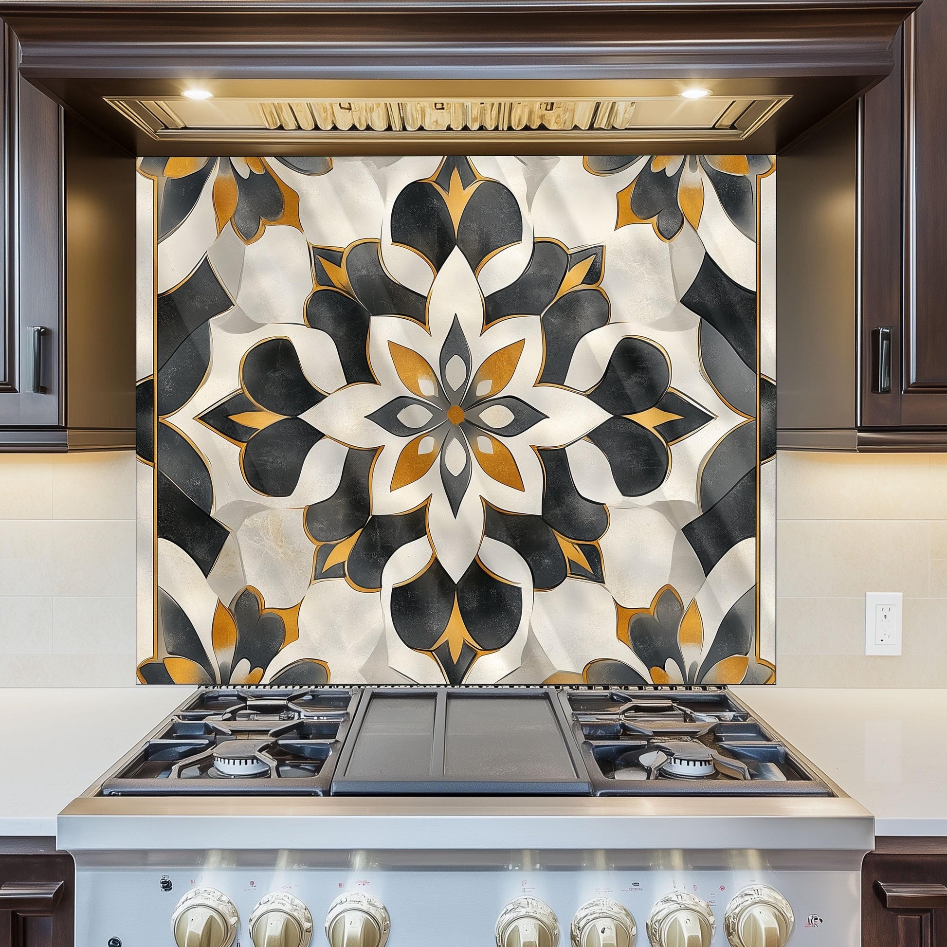 Navy & Orange Moroccan Backsplash, Heat Resistant Stove Guard, Custom Size Glass Art