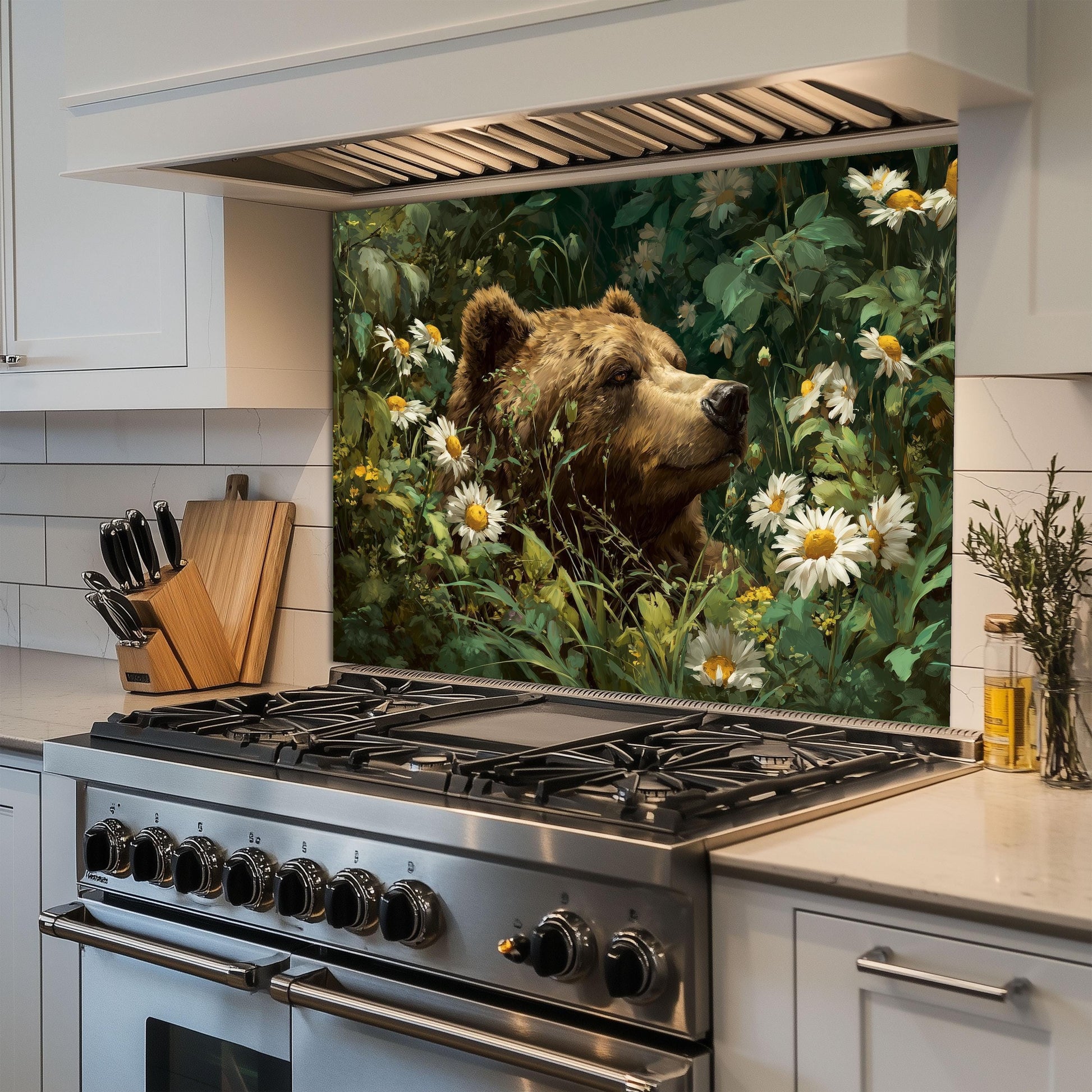 Copper Bear Kitchen Backsplash, Rustic Mountain Landscape Tempered Glass, Custom Size Design