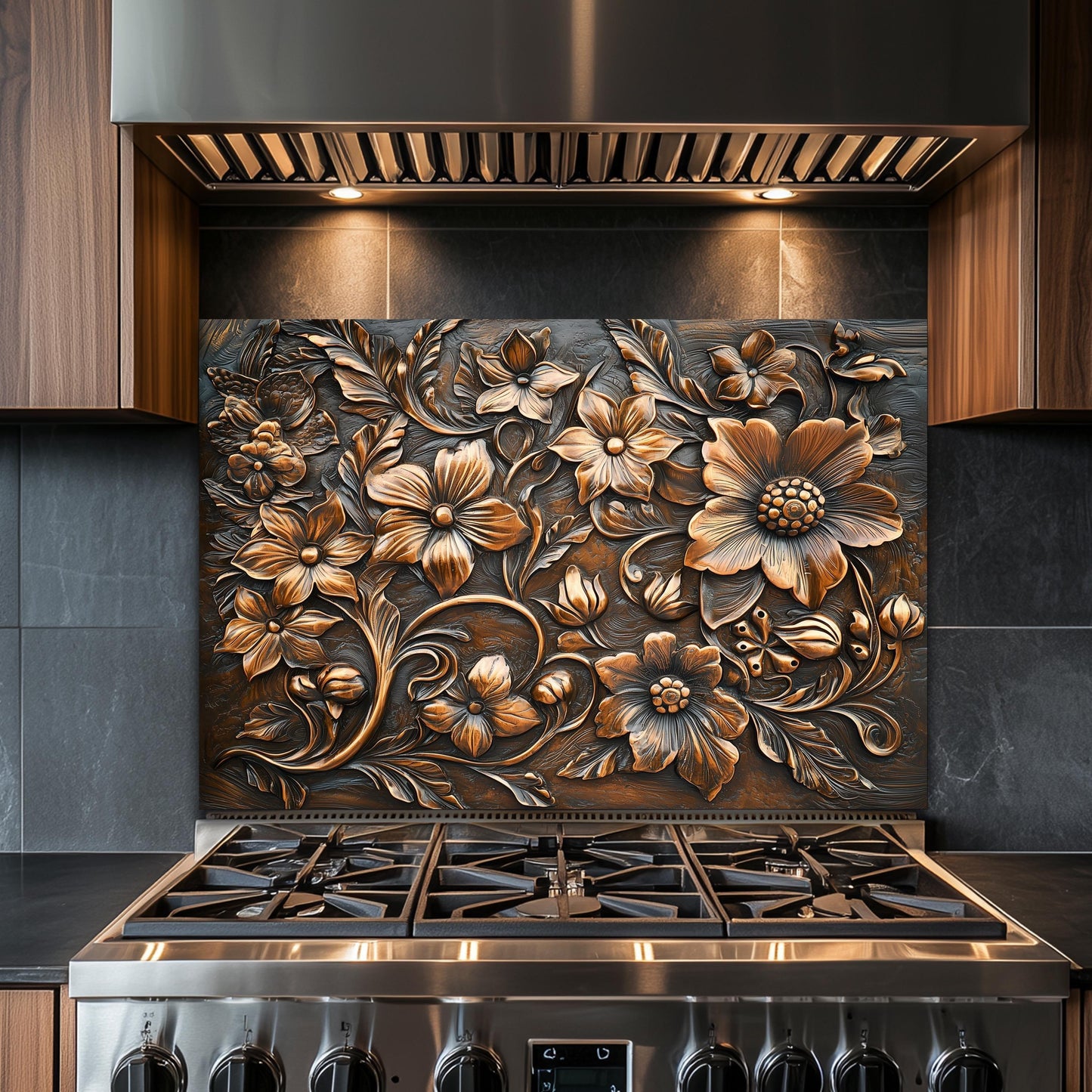 Ornate Floral Tempered Glass Backsplash: Rustic Kitchen Decor