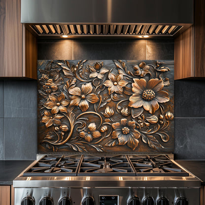 Ornate Floral Tempered Glass Backsplash: Rustic Kitchen Decor