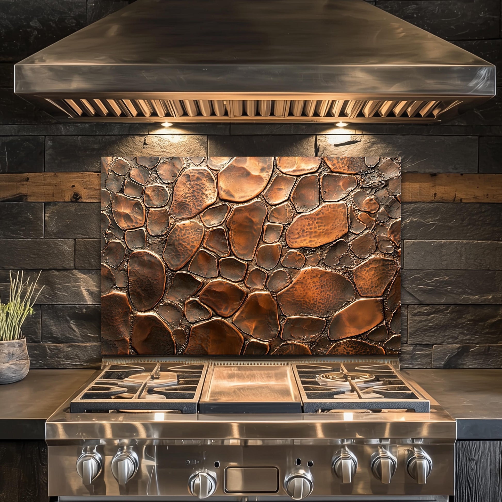 Copper Stone Kitchen Backsplash, Industrial Tempered Glass Art, Custom Size Design