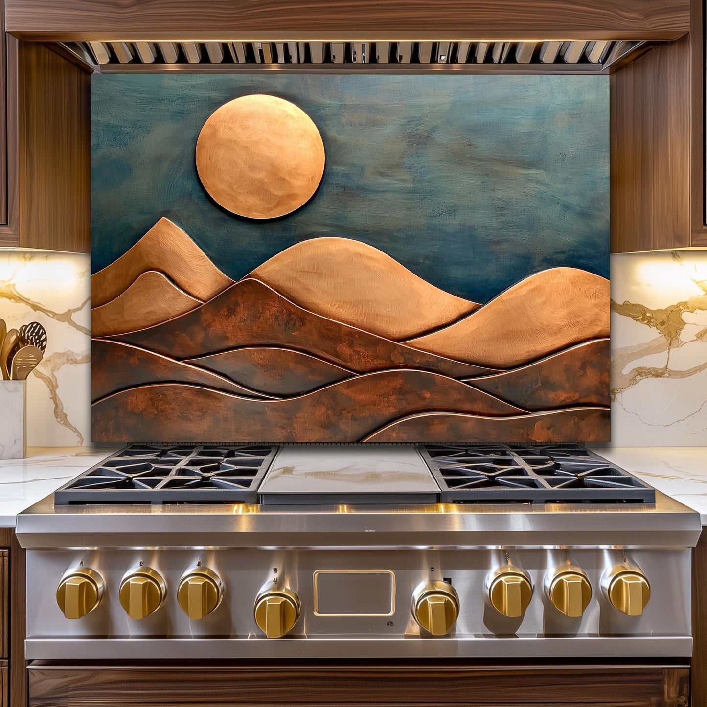 Copper-Effect Mountain Tempered Glass Backsplash: Rustic Kitchen Decor