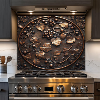 Rustic glass kitchen panel, vineyard-inspired wall art, grapevine tempered glass backsplash, farmhouse decor, heat-resistant kitchen wall protector, nature-inspired backsplash, kitchen art with grape theme