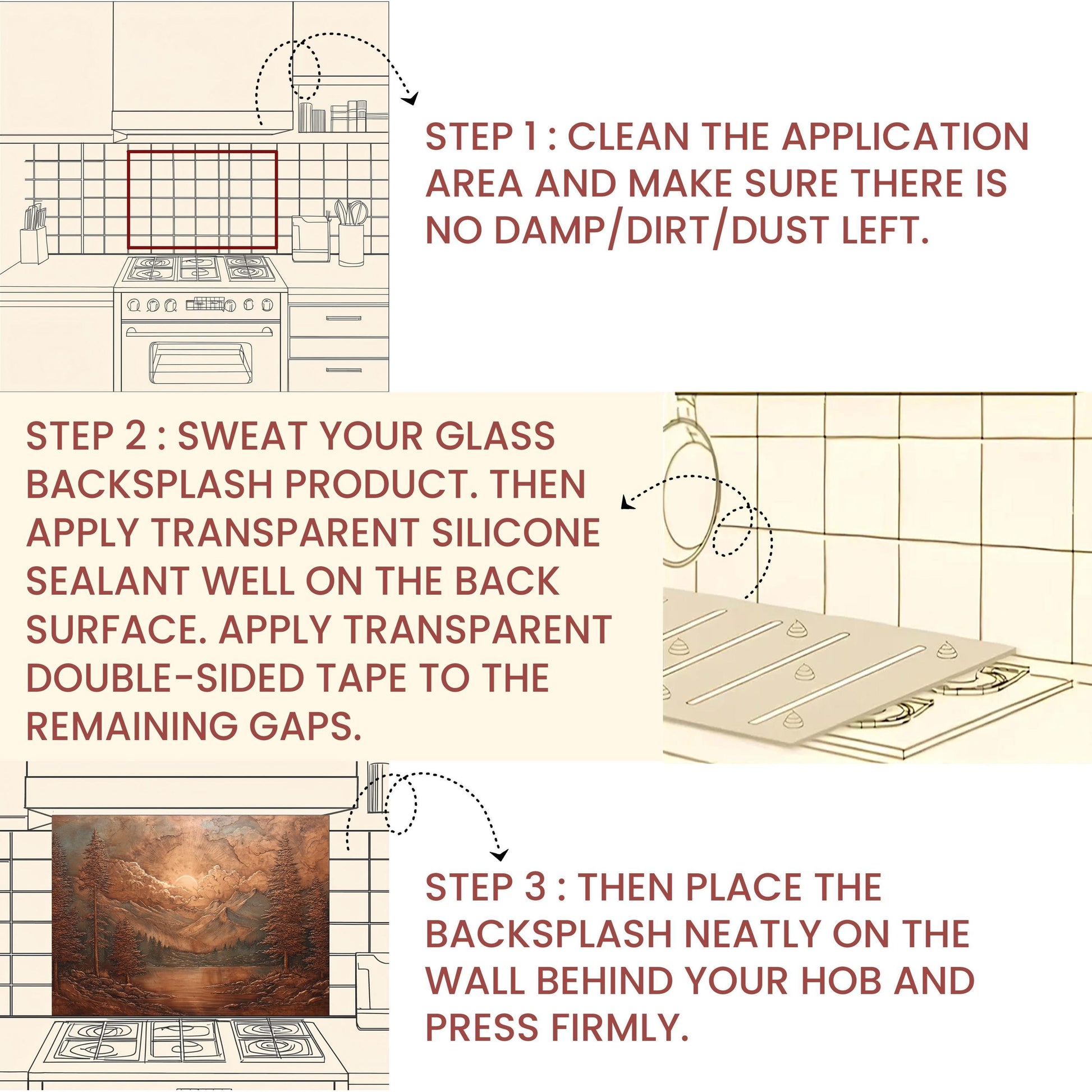 Tempered Glass Mountain Lake Backsplash: Copper-Look Rustic Kitchen Decor