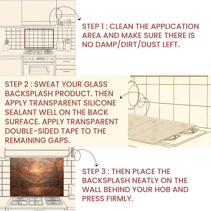 Tempered Glass Mountain Lake Backsplash: Copper-Look Rustic Kitchen Decor