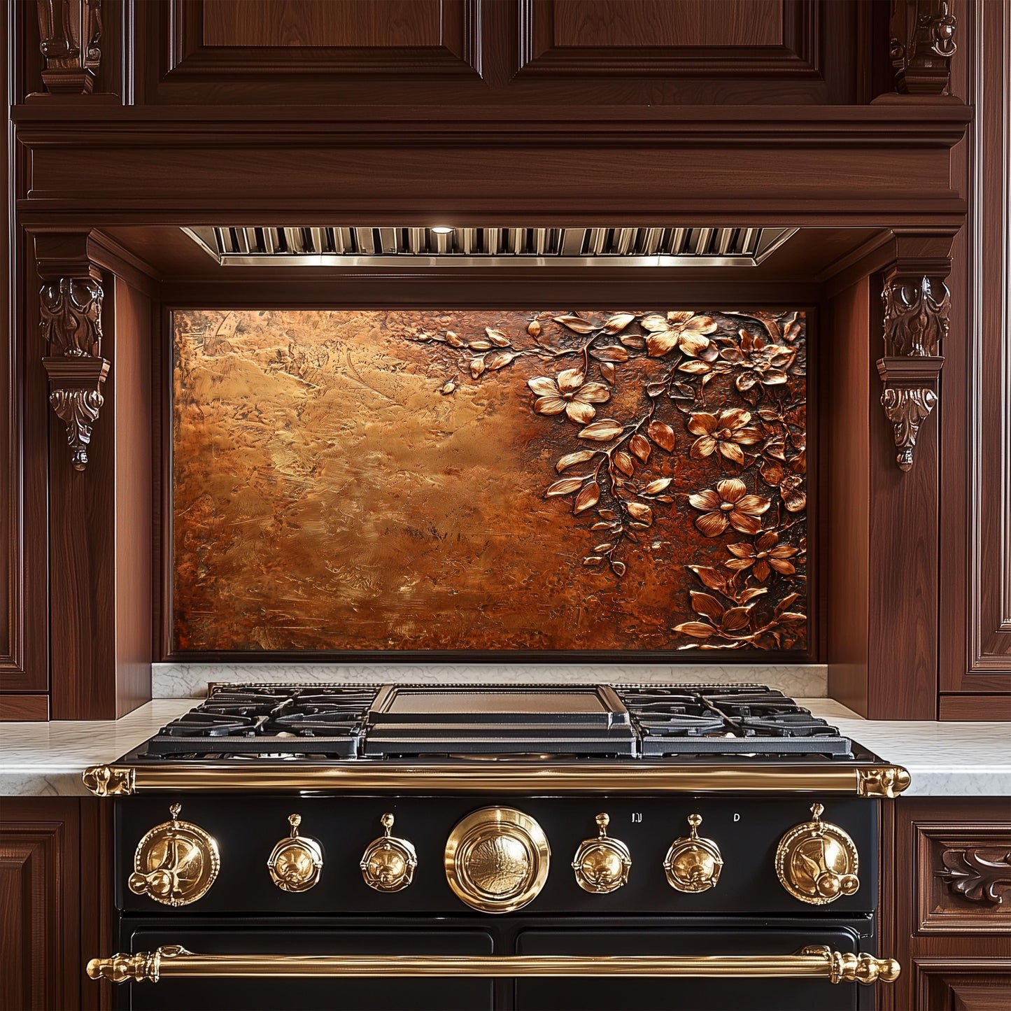 Floral Copper-Effect Tempered Glass Kitchen Backsplash: Rustic Heron Design