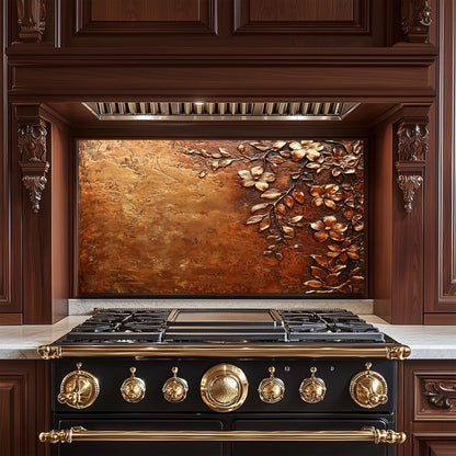 Floral Copper-Effect Tempered Glass Kitchen Backsplash: Rustic Heron Design