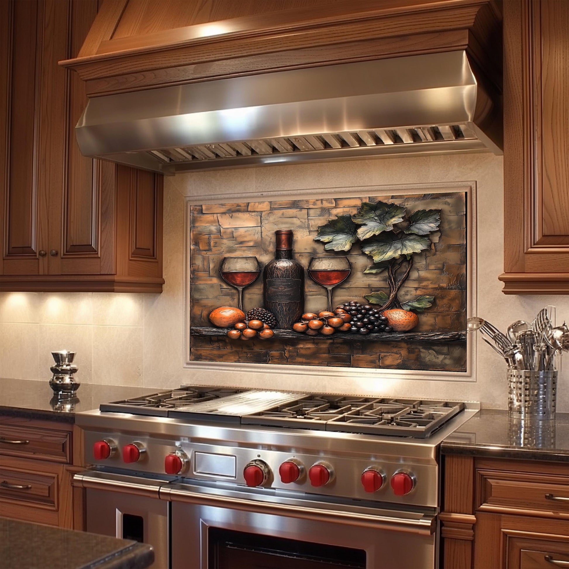 Luxury Wine and Vineyard Scene Kitchen Backsplash, Tempered Glass Art, Custom Size Design