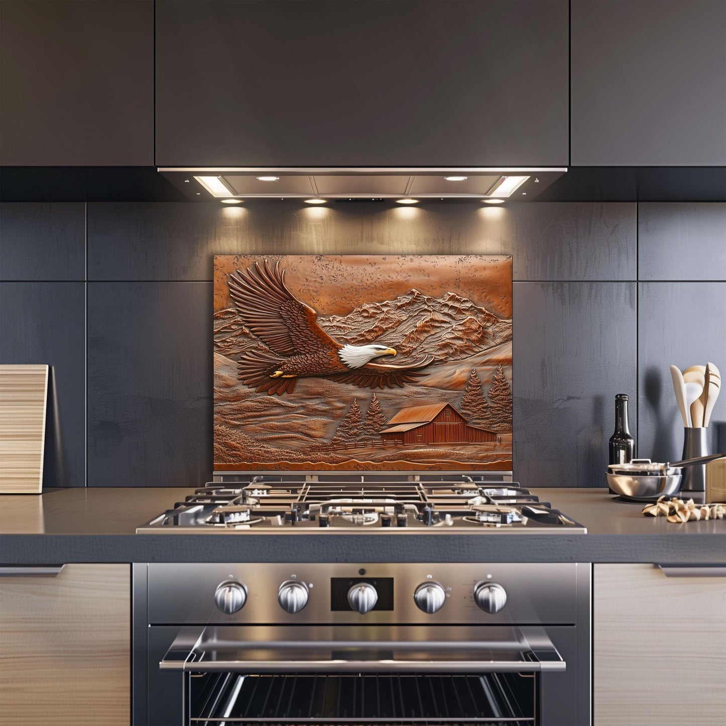 Eagle kitchen backsplash, copper-effect tempered glass, heat-resistant wall protector, rustic decor, farmhouse kitchen art