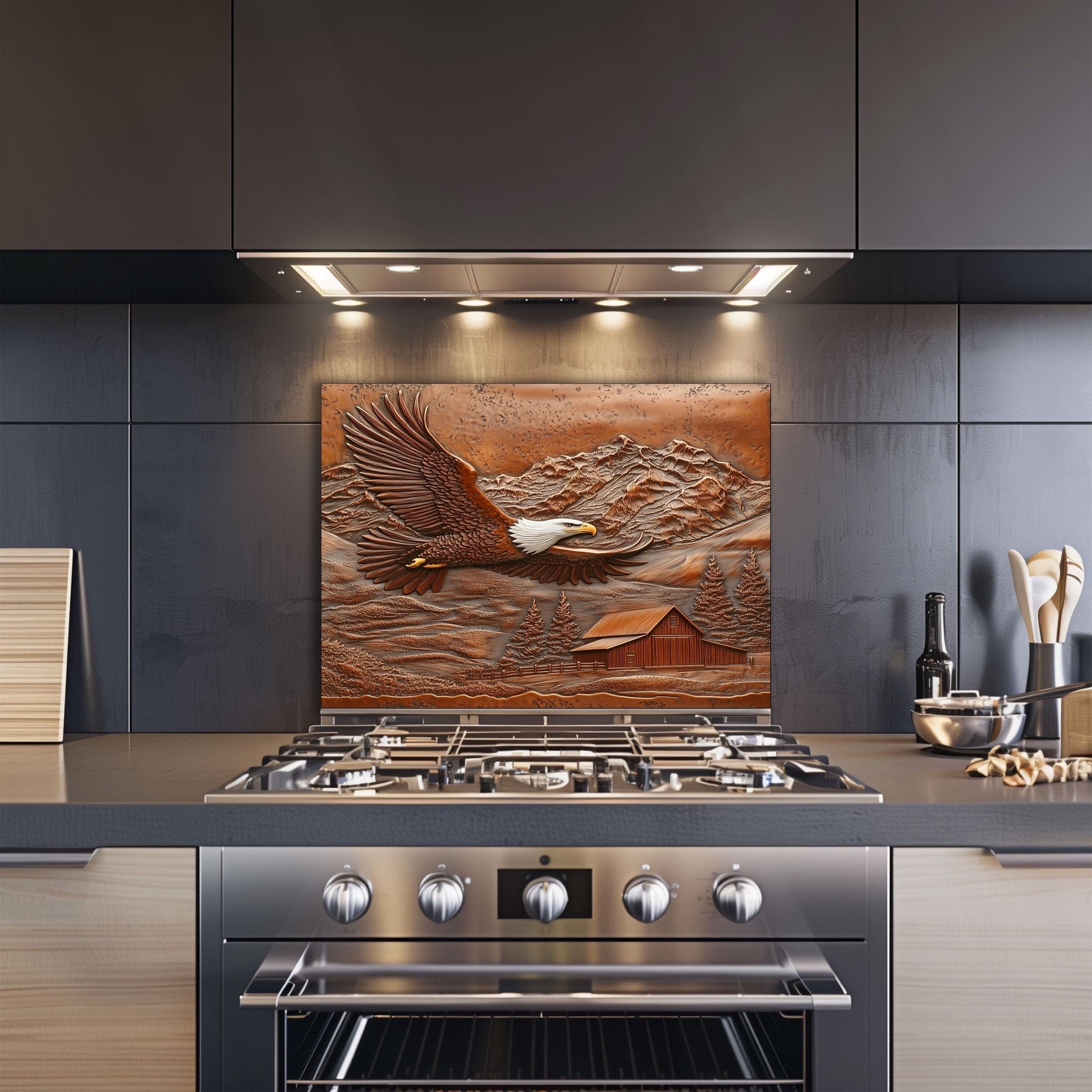 Eagle kitchen backsplash, copper-effect tempered glass, heat-resistant wall protector, rustic decor, farmhouse kitchen art