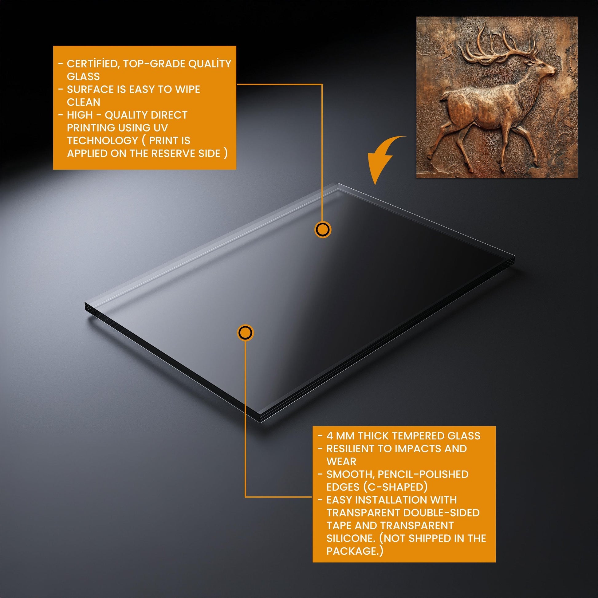 Rustic Deer Backsplash: Embossed Copper Stag Tempered Glass Stove Panel