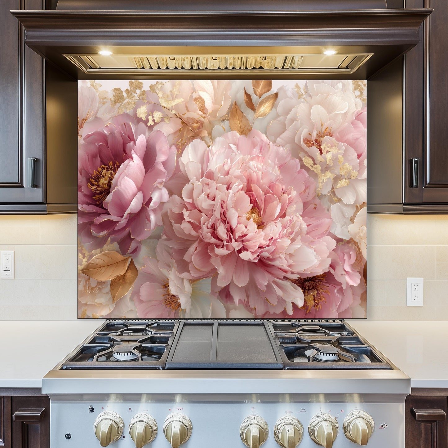 Pink Peony Tempered Glass Kitchen Backsplash: Gold Accent Floral Stove Panel