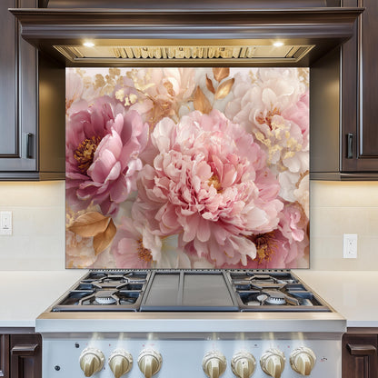 Pink Peony Tempered Glass Kitchen Backsplash: Gold Accent Floral Stove Panel