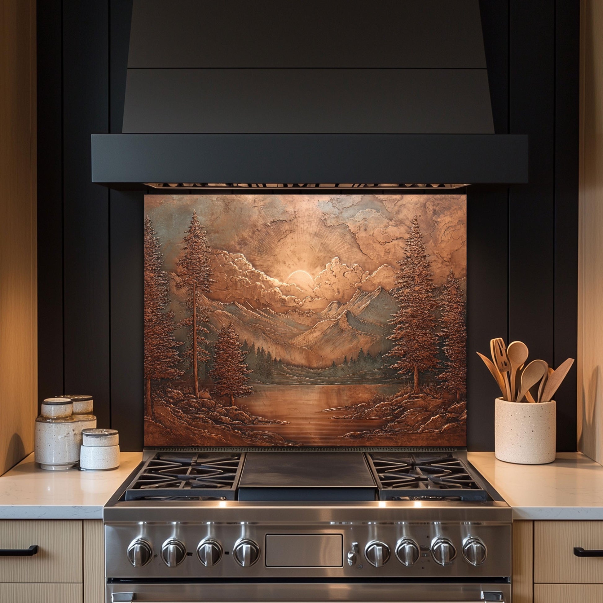 Tempered Glass Mountain Lake Backsplash: Copper-Look Rustic Kitchen Decor