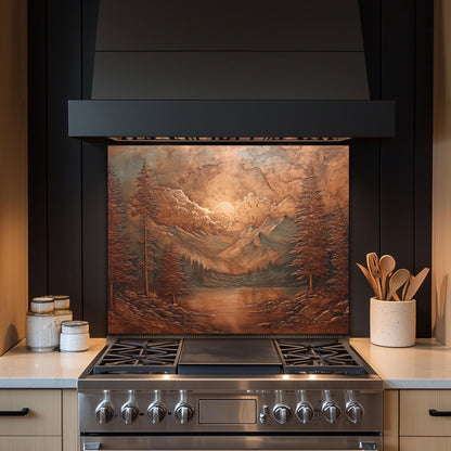 Tempered Glass Mountain Lake Backsplash: Copper-Look Rustic Kitchen Decor