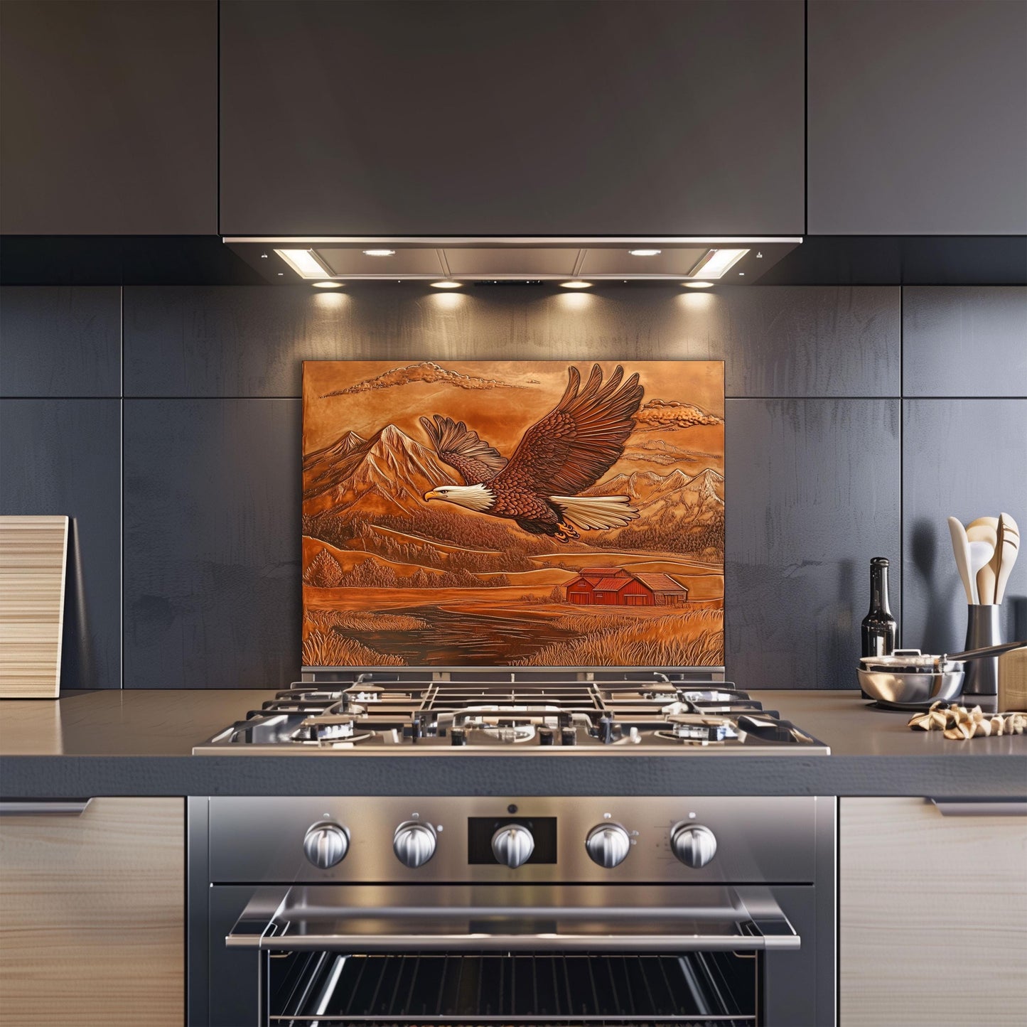 Eagle kitchen backsplash, copper-effect tempered glass, heat-resistant wall protector, rustic kitchen decor, easy clean kitchen wall protector, farmhouse kitchen backsplash