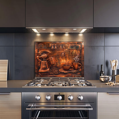 Tempered glass backsplash, vintage coffee design, heat-resistant wall panel, easy clean kitchen protector, artistic backsplash, stove protector, stylish wall art, modern kitchen decor