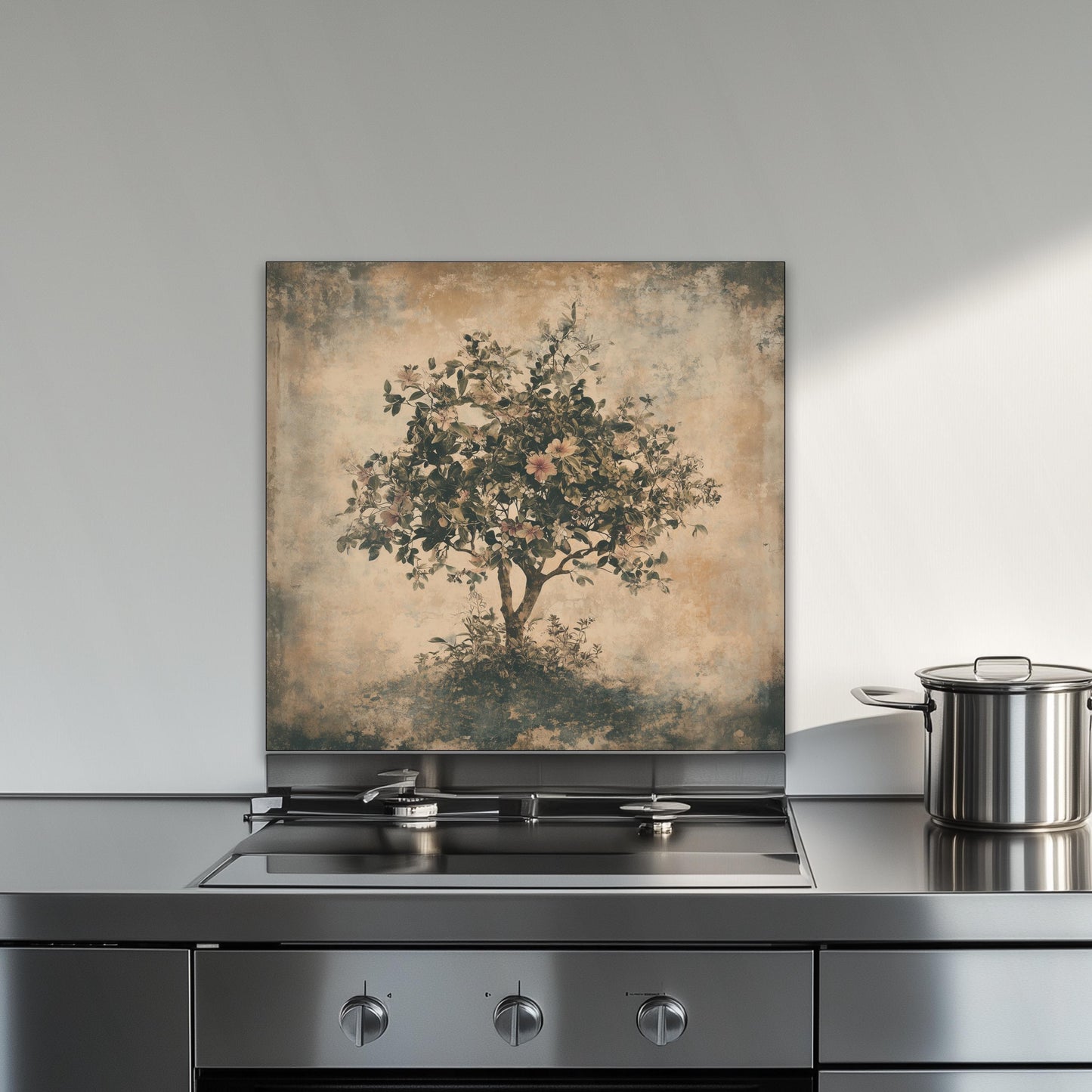 Tempered glass stove backsplash, floral tree of life design, heat-resistant splashback, easy clean wall protector, modern kitchen decor, artistic wall art, stylish backsplash, stove guard