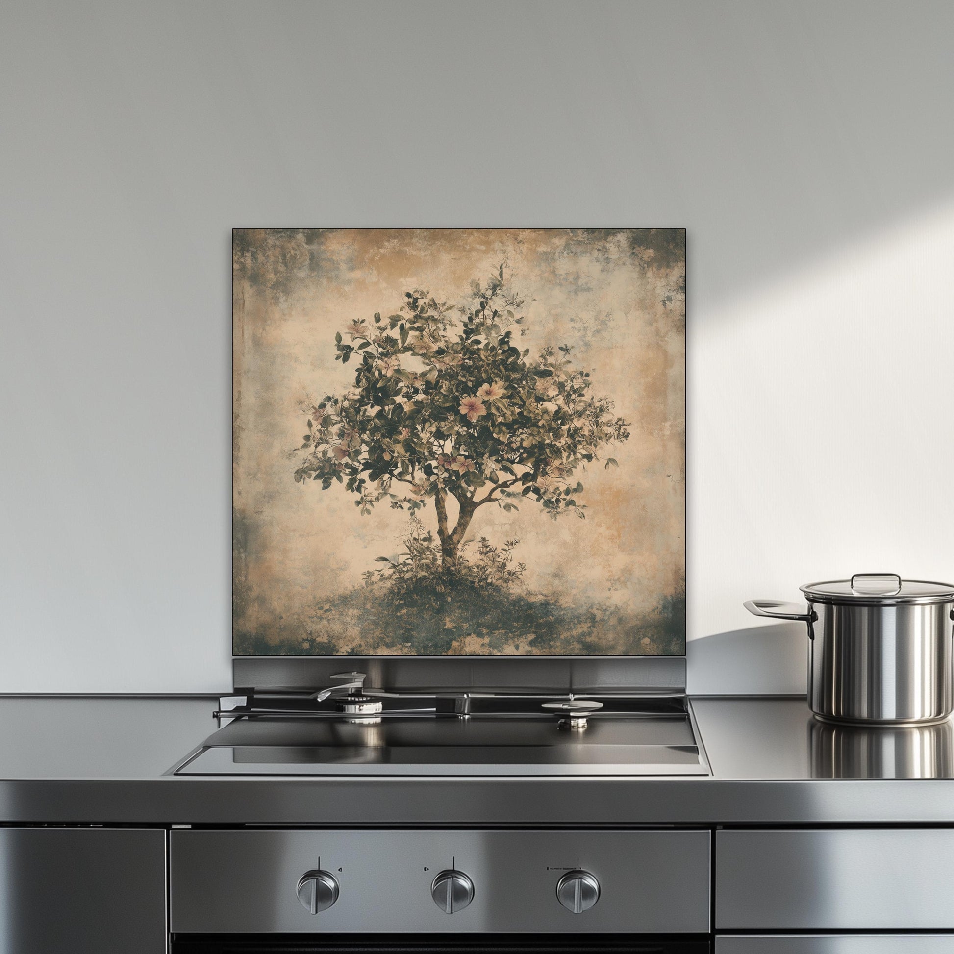 Tempered glass stove backsplash, floral tree of life design, heat-resistant splashback, easy clean wall protector, modern kitchen decor, artistic wall art, stylish backsplash, stove guard