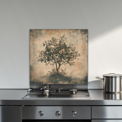 Tempered glass stove backsplash, floral tree of life design, heat-resistant splashback, easy clean wall protector, modern kitchen decor, artistic wall art, stylish backsplash, stove guard