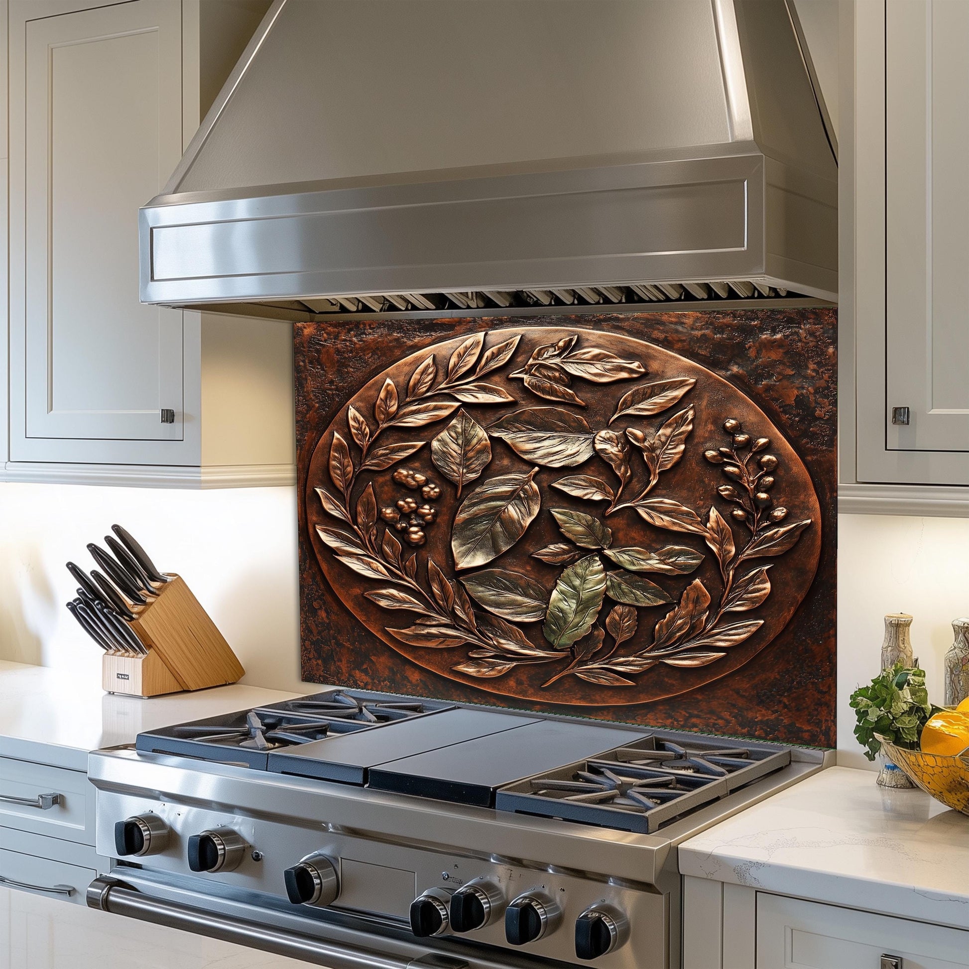 Tempered glass stove backsplash, copper leaf wreath design, heat-resistant kitchen wall panel, easy clean backsplash, stylish kitchen decor, stove protector, farmhouse kitchen wall art, artistic backsplash