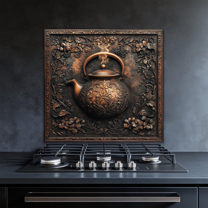 Tempered glass backsplash, rustic teapot kitchen art