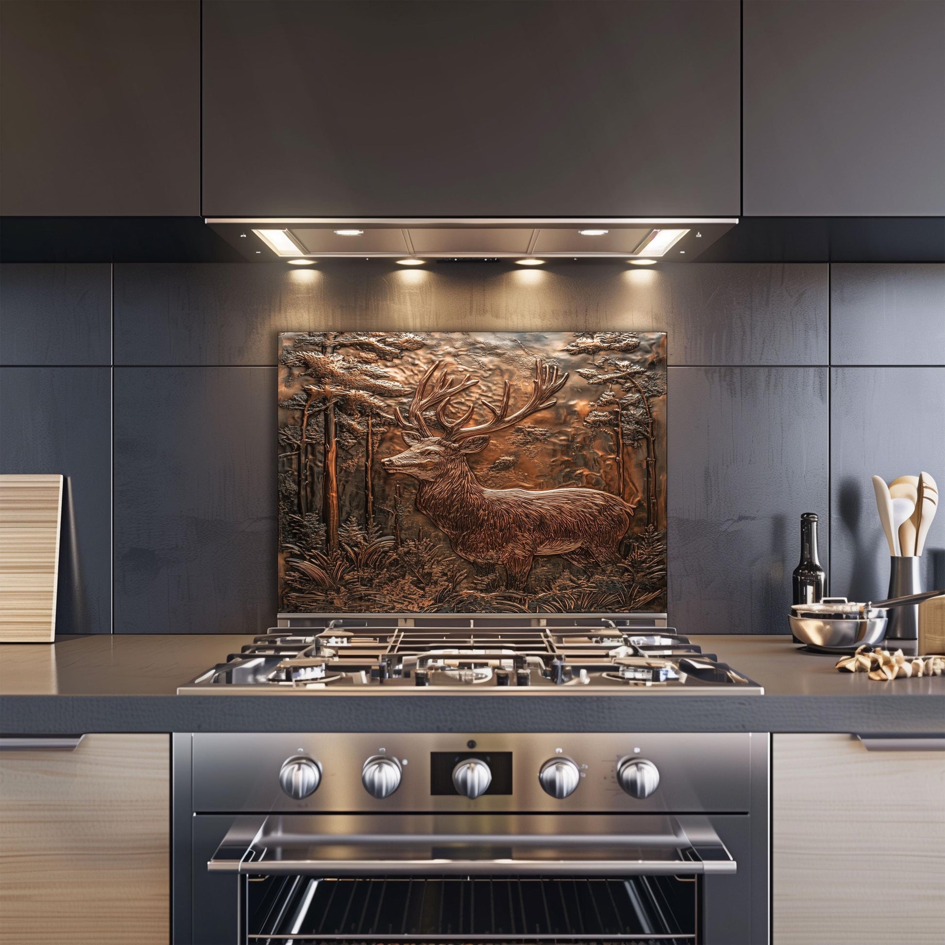 Rustic copper kitchen backsplash, deer forest design, heat-resistant tempered glass, easy clean wall protector, cabin decor, stove backsplash protector, rustic kitchen art