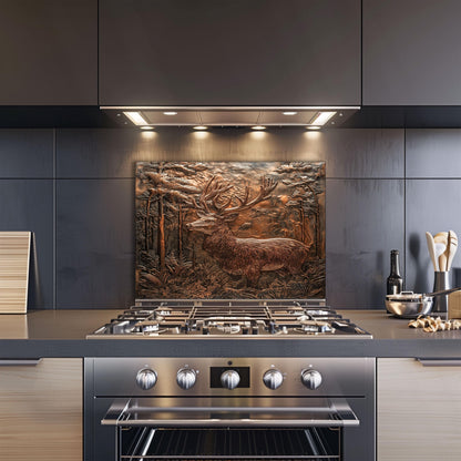 Rustic copper kitchen backsplash, deer forest design, heat-resistant tempered glass, easy clean wall protector, cabin decor, stove backsplash protector, rustic kitchen art