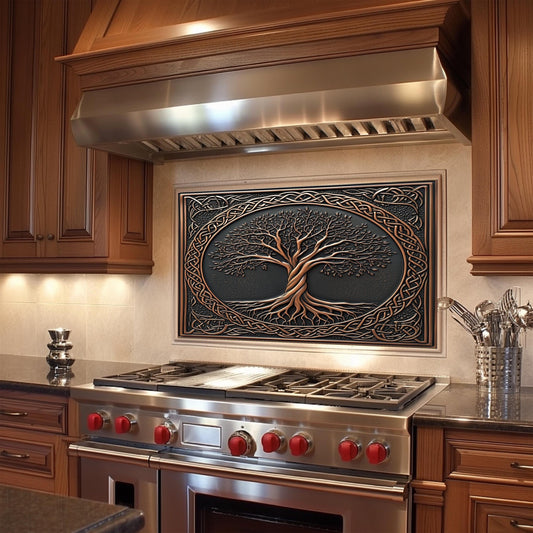 Tree of Life Glass Backsplash, Spiritual Nature Stove Guard, Heat Resistant Easy Clean Art