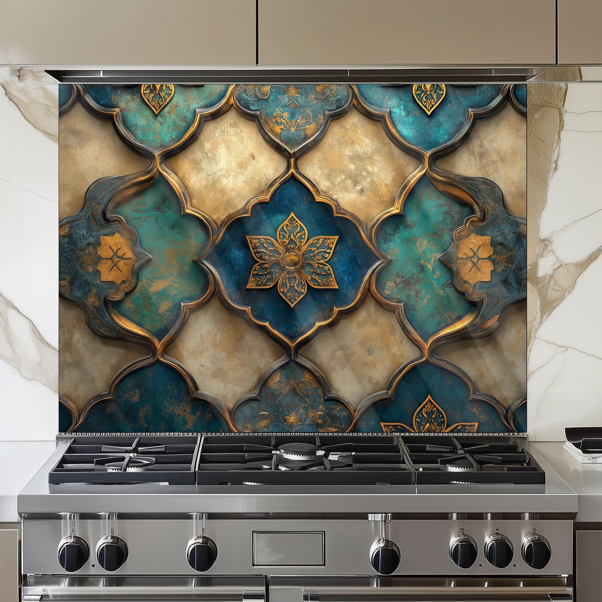 Moroccan Tempered Glass Kitchen Backsplash, Rustic Stove Protection, Custom Size Design