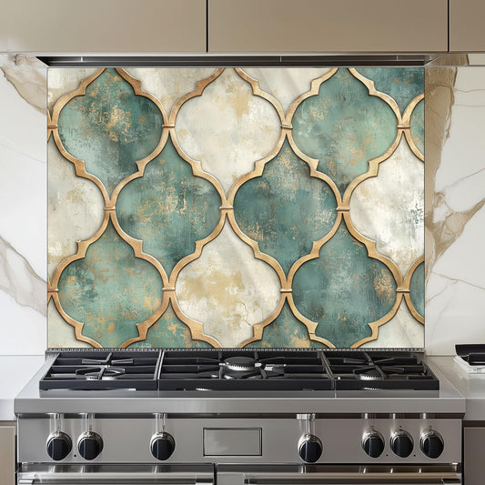 Moroccan Tempered Glass Backsplash, Artistic Geometric Stove Guard, Heat Resistant Easy Clean Art