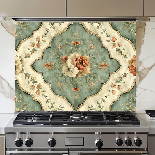 Moroccan Floral Glass Backsplash, Geometric Medallion Stove Guard, Heat Resistant Easy Clean Art