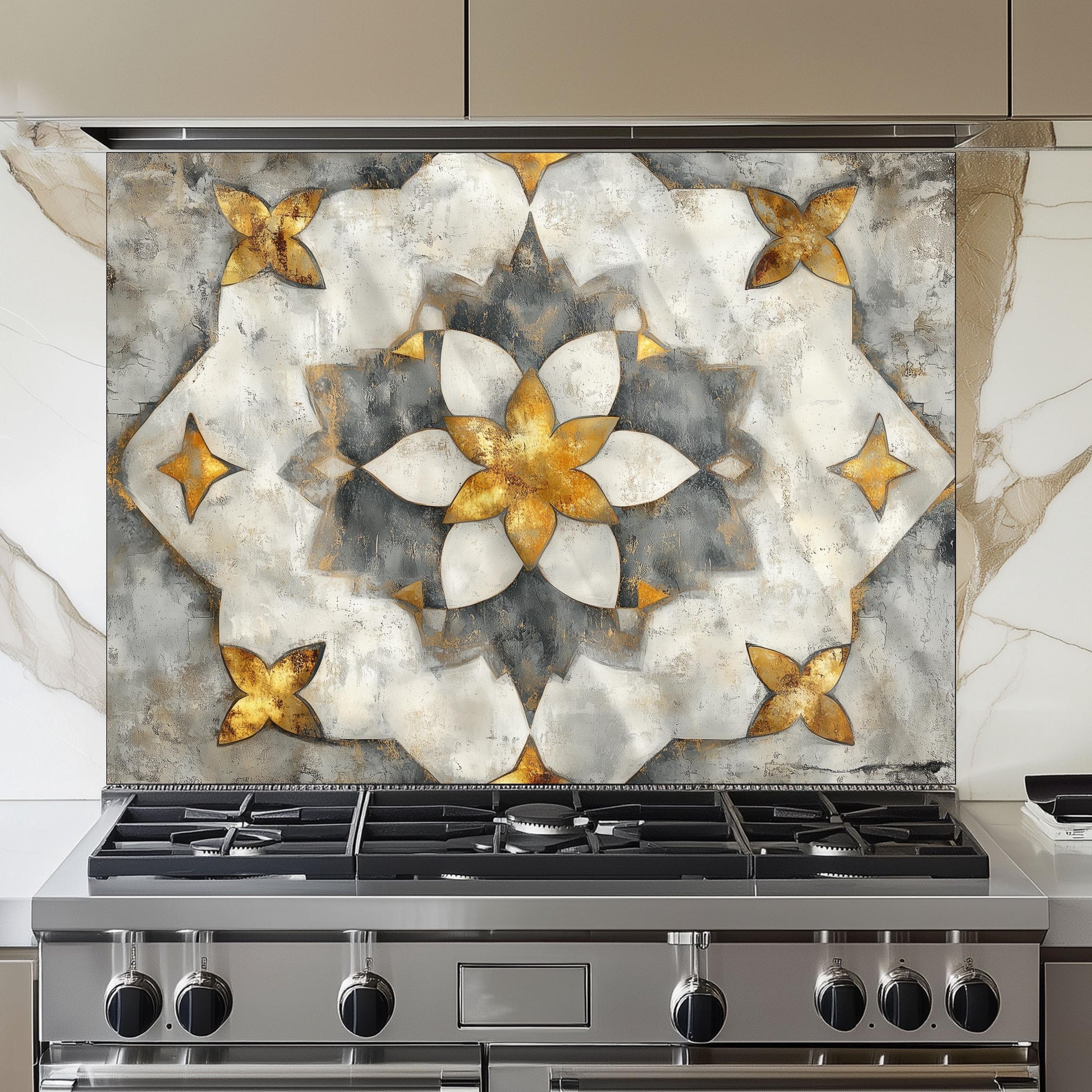 Navy & Amber Moroccan Backsplash, Heat Resistant Stove Guard, Custom Size Glass Art