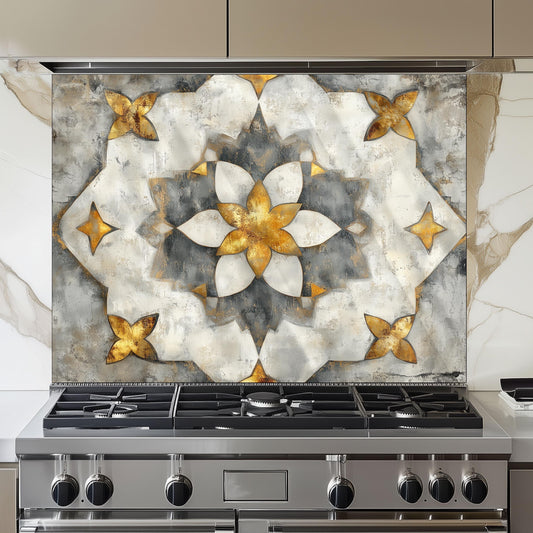 Navy & Amber Moroccan Backsplash, Heat Resistant Stove Guard, Custom Size Glass Art