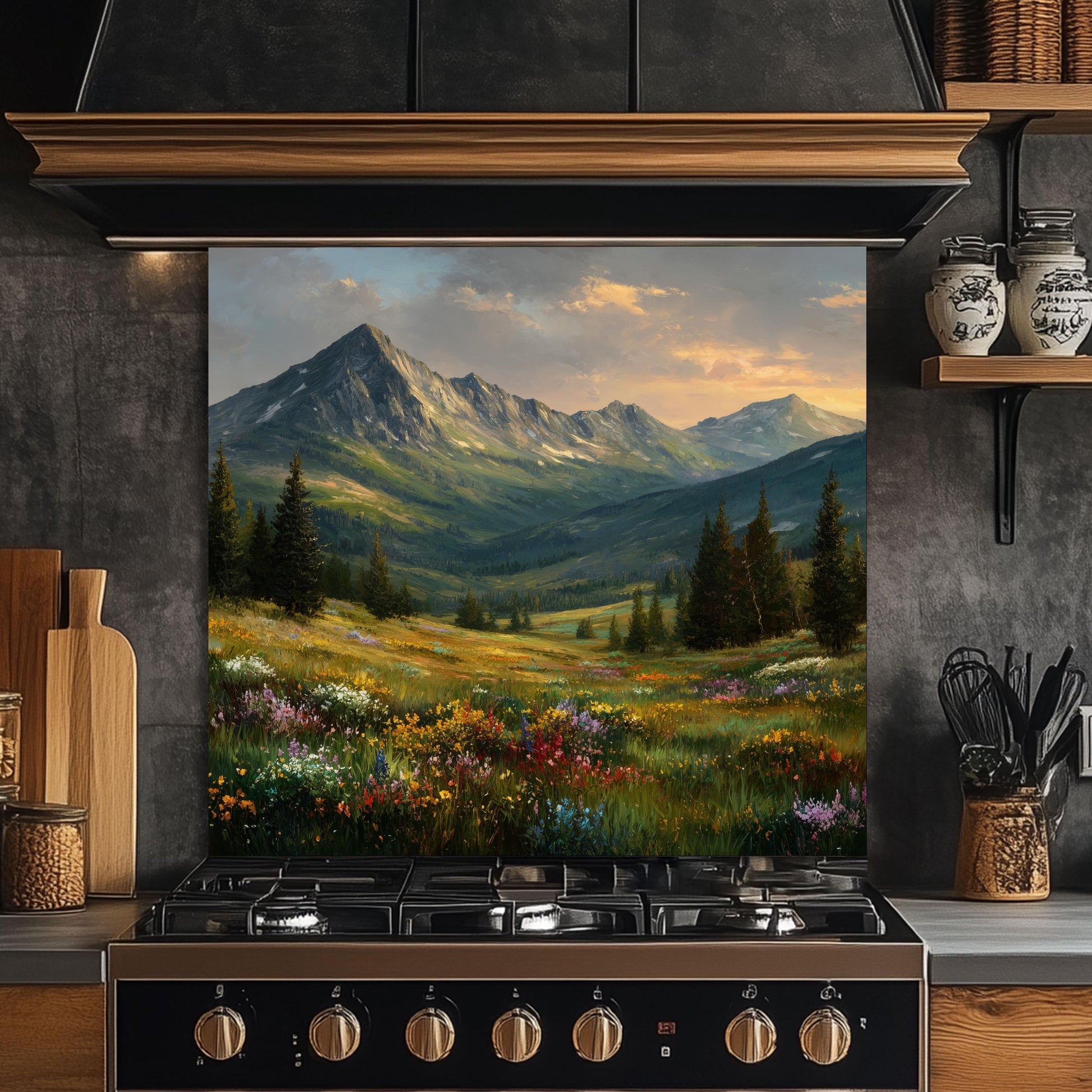 Mountain Meadow Kitchen Backsplash, Wildflower Landscape Tempered Glass, Custom Size Design