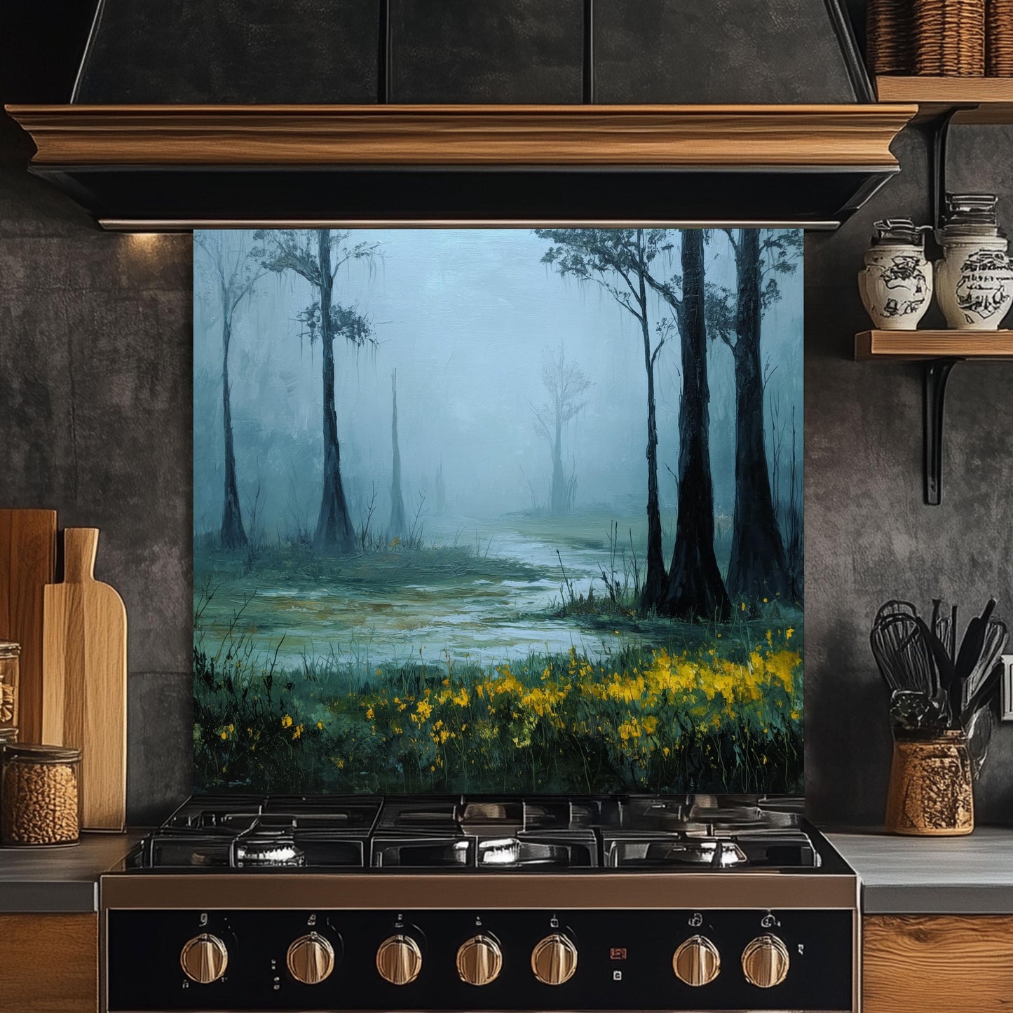 Foggy Meadow Swamp Tempered Glass Backsplash - Misty Wetland Kitchen Splashback with Yellow Flowers
