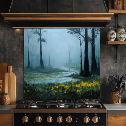 Foggy Meadow Swamp Tempered Glass Backsplash - Misty Wetland Kitchen Splashback with Yellow Flowers
