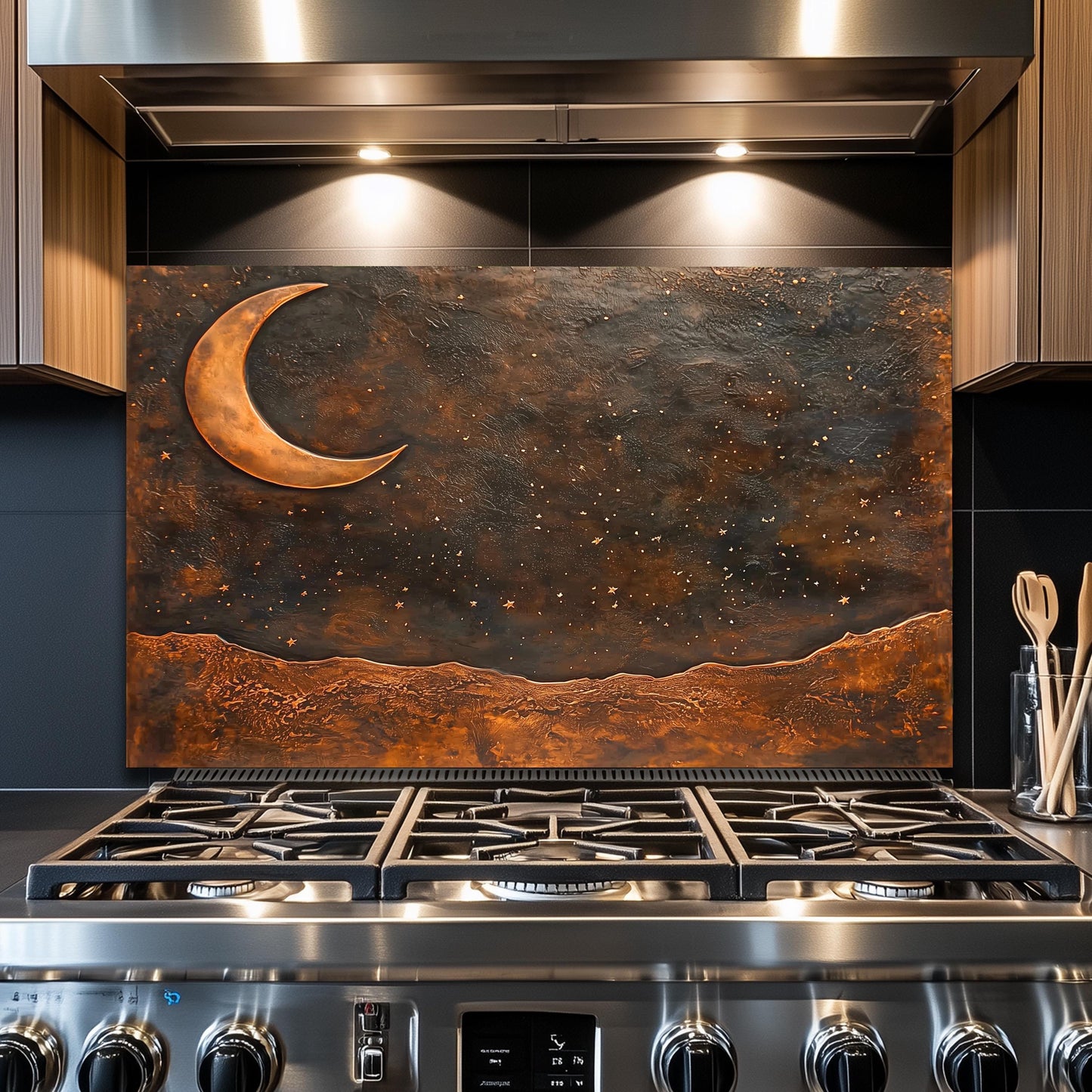 Copper Moon Tempered Glass Backsplash: Rustic Kitchen Decor